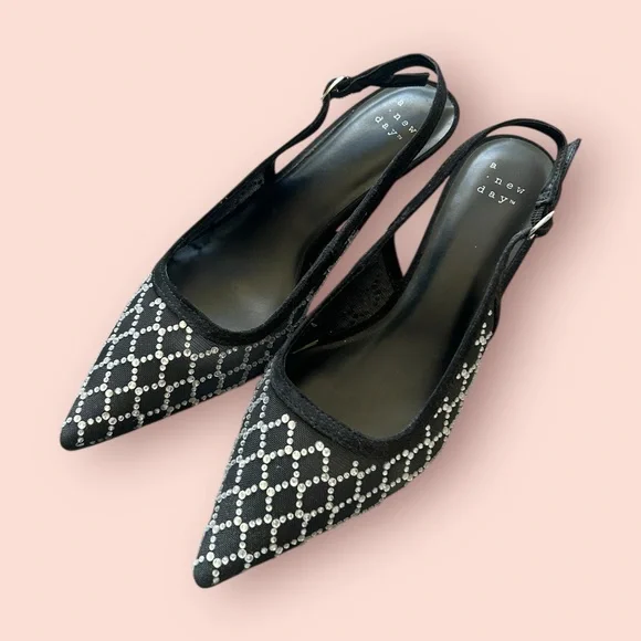 Black Rhinestone Slingback Heels | Pointed Toe | Size 6 - Picture 1 of 4
